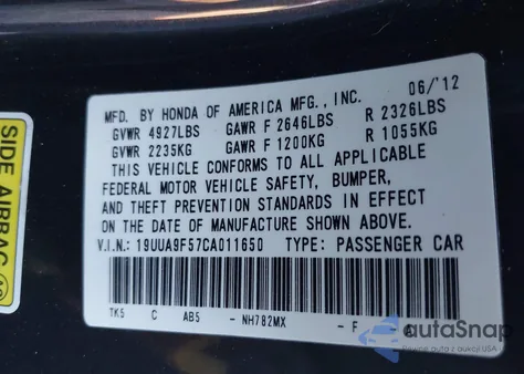 2012 Acura Tl 3.7 из США, поврежденный, VIN 19UUA9F57CA011650